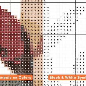 May include: A cross-stitch pattern chart with color-coded symbols and a black and white symbol key. The color section features shades of brown, tan, and red. The text "Symbols on Colors" and "Black & White Symbols" is visible.