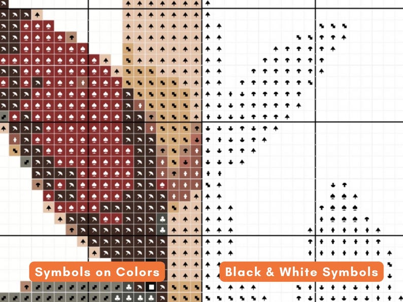 May include: A cross-stitch pattern chart with color-coded symbols and a black and white symbol key. The color section features shades of brown, tan, and red. The text "Symbols on Colors" and "Black & White Symbols" is visible.