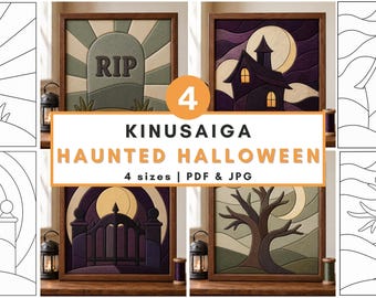 Spooky Halloween Kinusaiga Pattern Bundle Haunted Halloween Craft Pattern Fall Gift Idea Graveyard Decor Set Home Wall Art Piece