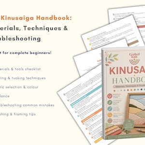 May include: The Kinusaiga Handbook: Materials, Techniques & Troubleshooting. The book cover features a landscape design and the text "Crafted Knit". Additional pages with text are visible. Topics include materials, techniques, and troubleshooting.