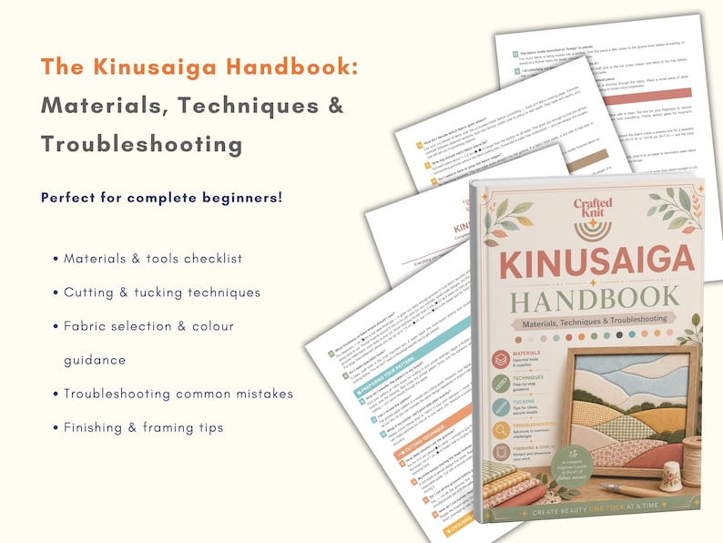 May include: The Kinusaiga Handbook: Materials, Techniques & Troubleshooting. The book cover features a landscape design and the text "Crafted Knit". Additional pages with text are visible. Topics include materials, techniques, and troubleshooting.
