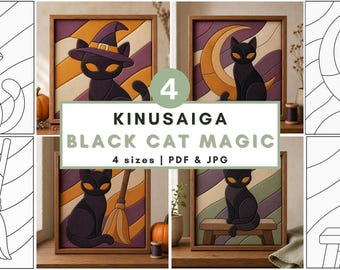 Halloween Kinusaiga Pattern Bundle Black Cat Magic Halloween Craft Pattern Instant Digital Download Fall Gift Idea Witchy Decor Set Spooky