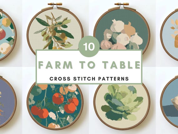 Farm to Table Cross Stitch Pattern Bundle Food Vegetables Herbs Kitchen Modern Rustic Counted XStitch PDF Farm House Decor Cross Stitch PDF