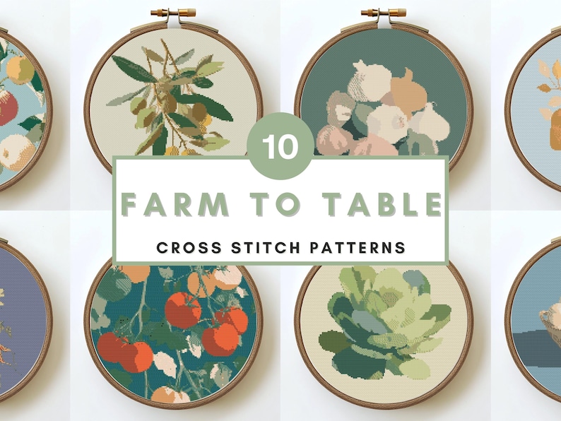 Farm to Table Cross Stitch Pattern Bundle Food Vegetables Herbs Kitchen Modern Rustic Counted XStitch PDF Farm House Decor Cross Stitch PDF