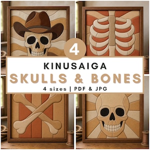 Pode incluir: Uma coleção digital de quatro padrões Kinusaiga com crânios e ossos em tons de castanho, bege e laranja. O conjunto inclui ficheiros PDF e JPG em quatro tamanhos, apresentando desenhos de um crânio de cowboy, uma caixa torácica e ossos cruzados.