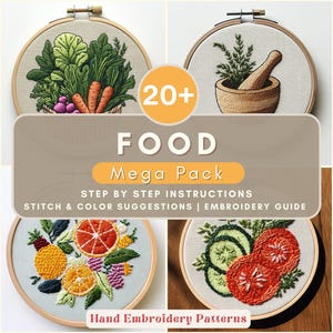 May include: A collection of hand embroidery patterns featuring food themes. The designs include vegetables, fruits, and kitchen tools, all displayed in wooden embroidery hoops. The text "FOOD Mega Pack" is visible.