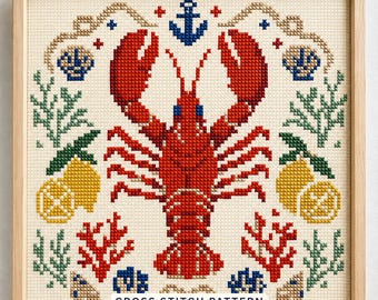 Cross stitch pattern lobster coastal embroidery pattern trendy nautical stitch design ocean art gift for stitcher Counted XStitch Lobster