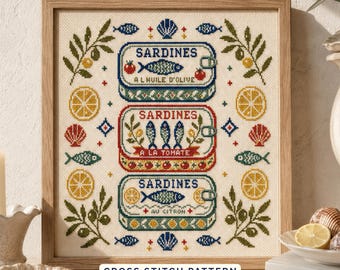 Cross stitch pattern sardine tin embroidery pattern retro kitchen stitch design trendy fish art gift for stitcher Counted XStitch PDF