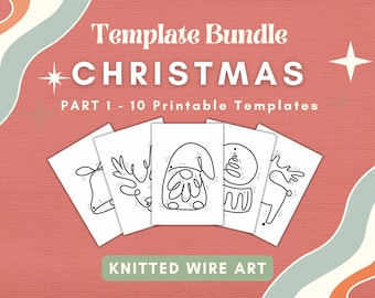 May include: A set of 10 printable Christmas templates for knitted wire art. The templates feature a bell, reindeer, gnome, snowman, and more.  The templates are black and white and are ready to be printed and used to create your own knitted wire art.