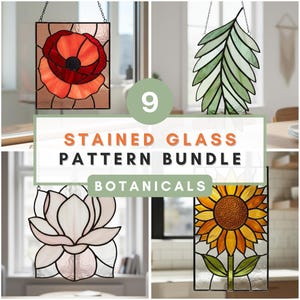 Botanical Stained Glass Pattern Bundle PDF Floral Suncatcher Templates Sunflower Poppy Lotus Stained Glass Leaf Modern Flower Glass Art PDF