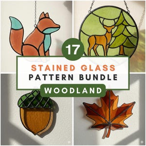 Woodland Stained Glass Pattern Bundle PDF Forest Animal Suncatcher Template Deer Fox Pattern Bear Wolf Mushroom Beginner Glass Art Bundle