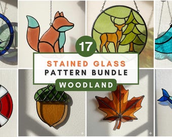 Bos gebrandschilderd glas patroon bundel PDF bos dier Suncatcher sjabloon hert vos patroon beer wolf paddestoel beginner glaskunst bundel