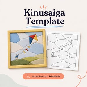 May include: A framed artwork and a line drawing of a kite. The artwork features a colorful kite in a blue sky with a person holding the string. The text "Kinusaga Template" is at the top. The bottom text says "Instant download | Printable file".