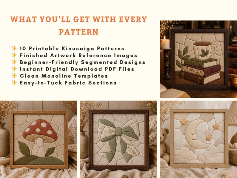10 Beginner Kinusaiga Patterns Bundle PDF | No Sew Fabric Art Templates | Easy Japanese Foam Craft Designs | Cottagecore DIY