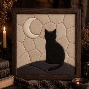 May include: A framed artwork featuring a black cat silhouette sitting beneath a crescent moon. The cat is on a dark gray hill, set against a beige background with geometric shapes. The frame is dark brown.