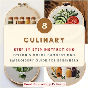 Puede incluir: Imagen que muestra ocho aros de bordado con diseños culinarios. El gráfico central dice "CULINARY" con instrucciones y sugerencias. Los aros presentan alimentos y frascos bordados, todo dentro de aros de bordado de madera.