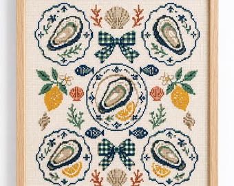 Cross stitch pattern coastal oyster embroidery pattern trendy sea shell stitch design gift for stitcher Counted XStitch PDF Instant Download