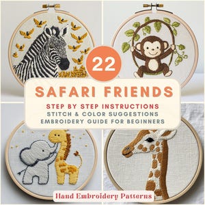 Safari Animal Embroidery Pattern Bundle PDF Jungle Nursery Decor DIY Hoop Art Elephant Lion Zebra Beginner Stitch Patterns Instant Download