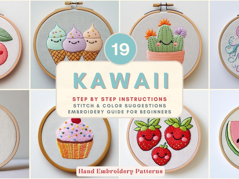 Kawaii Hand Embroidery Pattern Bundle Cute Food Animals Template for ...