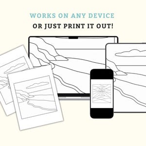 May include: A digital art print displayed on various devices: a laptop, tablet, and smartphone, along with printed copies. The artwork features a black and white landscape design. Text reads: "WORKS ON ANY DEVICE OR JUST PRINT IT OUT!"