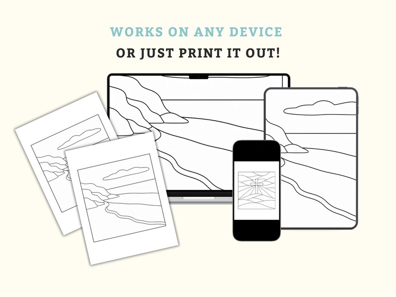 May include: A digital art print displayed on various devices: a laptop, tablet, and smartphone, along with printed copies. The artwork features a black and white landscape design. Text reads: "WORKS ON ANY DEVICE OR JUST PRINT IT OUT!"