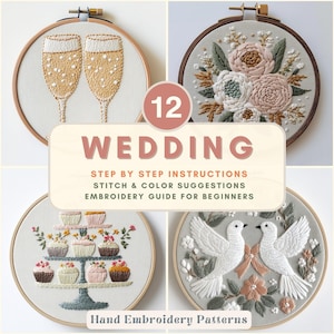 Könnte beinhalten: Eine Sammlung von 12 Handstickmustern mit Hochzeitsthemen. Die Designs umfassen Champagnergläser, Blumenarrangements, Cupcakes und Tauben. Der Text lautet "WEDDING" und "Hand Embroidery Patterns". Jedes Design ist in einem Holzreifen.