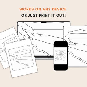 May include: A digital art print displayed on various devices, including a laptop, tablet, and smartphone, alongside printed copies. The artwork features a black and white landscape design. Text reads: WORKS ON ANY DEVICE OR JUST PRINT IT OUT!