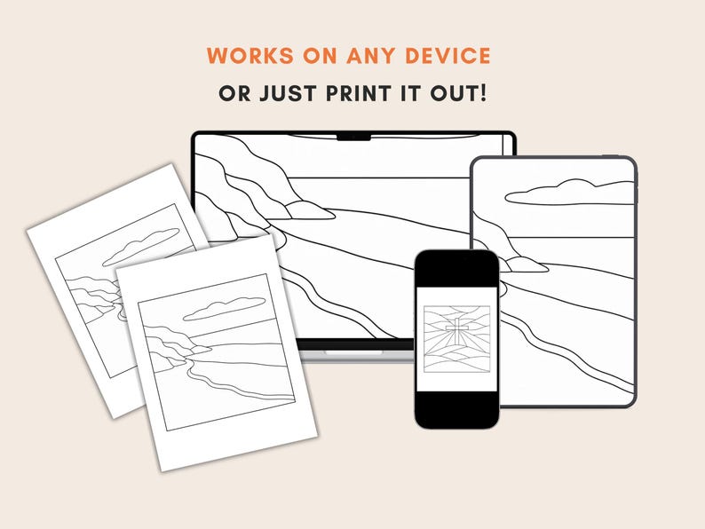 May include: A digital art print displayed on various devices, including a laptop, tablet, and smartphone, alongside printed copies. The artwork features a black and white landscape design. Text reads: WORKS ON ANY DEVICE OR JUST PRINT IT OUT!