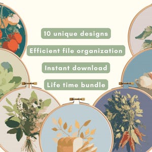 May include: A selection of cross-stitch patterns presented in embroidery hoops. The designs showcase botanical and food-themed illustrations, such as tomatoes, cabbage, and bread. Text on the image reads: "10 unique designs", "Efficient file organization", "Instant download", and "Life time bundle."