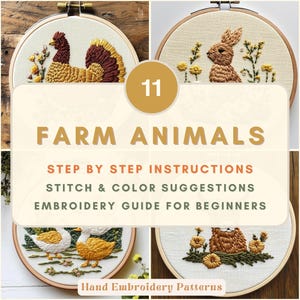 Puede incluir: Once patrones de bordado con animales de granja, incluyendo un pavo, un conejo y patos. El texto en la imagen dice "Animales de granja" y "Guía de bordado para principiantes". Los patrones están en aros de madera.