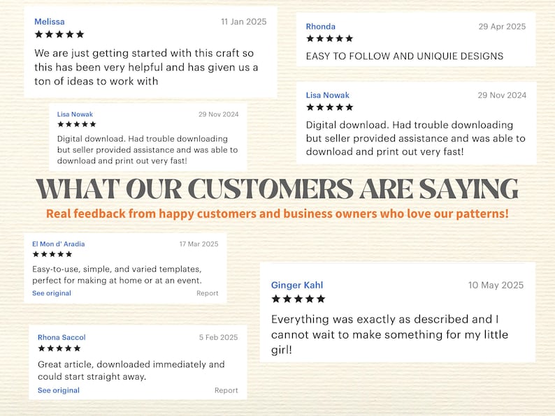May include: Image featuring customer testimonials with star ratings and dates. Text includes phrases like "Easy to follow" and "Digital download." The phrase "WHAT OUR CUSTOMERS ARE SAYING" is prominently displayed.