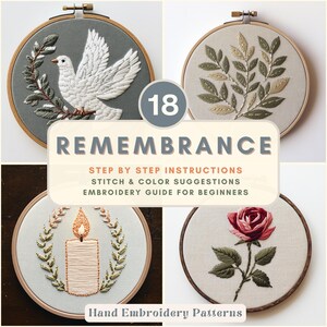 Minneshögtidsbroderimönster, bunt med minnesbågar, sympatimönster, ängelduva, blommigt ljus, PDF-stygnguide, kristet broderi