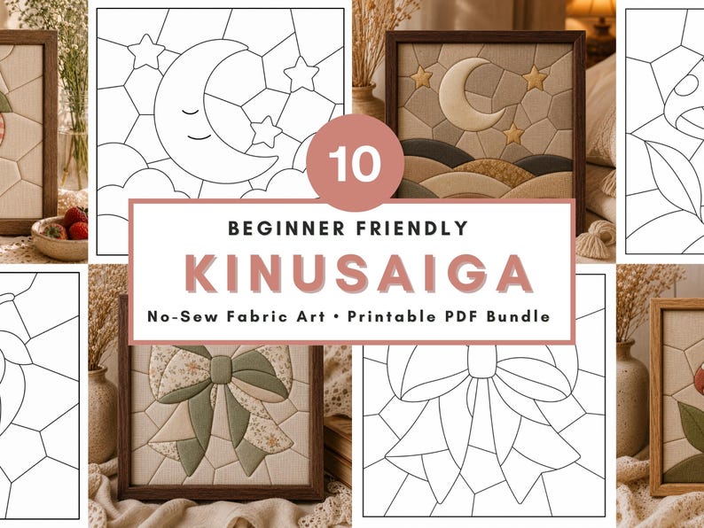 10 Beginner Kinusaiga Patterns Bundle PDF | No Sew Fabric Art Templates | Easy Japanese Foam Craft Designs | Cottagecore DIY