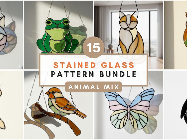 Stained Glass Pattern Bundle Animal Mix Suncatcher Templates PDF Beginner Friendly Modern Glass Art Design PDF Beginner Stained Glass Bundle