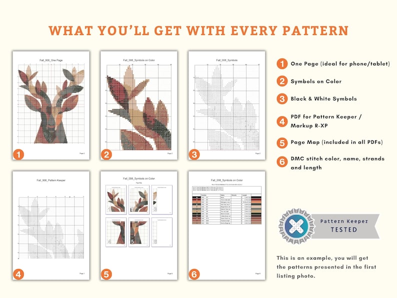 May include: An image showcasing the contents of a cross-stitch pattern purchase. The image includes examples of the pattern in color and black and white, a page map, and DMC color information. Text reads "WHAT YOU'LL GET WITH EVERY PATTERN."