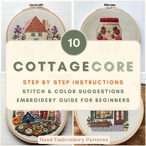 May include: A collection of ten Cottagecore embroidery patterns displayed in wooden hoops. The designs include houses, a jar of strawberries, and floral arrangements. The text reads "Cottagecore" and "Embroidery Guide for Beginners".
