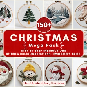 May include: A collection of hand embroidery patterns displayed in wooden hoops. The designs include Christmas themes such as a Christmas tree, Santa Claus, winter scenes, and cupcakes. The image includes the text "CHRISTMAS Mega Pack".