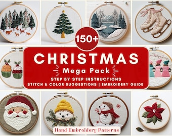 May include: A collection of hand embroidery patterns displayed in wooden hoops. The designs include Christmas themes such as a Christmas tree, Santa Claus, winter scenes, and cupcakes. The image includes the text "CHRISTMAS Mega Pack".