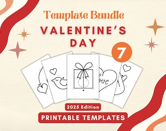 May include: A set of seven printable Valentine's Day templates featuring a heart, a bird, a gift box, and the word "love". The templates are black and white and are part of a 2025 edition bundle.