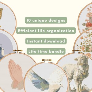May include: A collection of cross-stitch designs displayed in wooden hoops. The designs include a chalice, church, praying hands, dove, lamb, and floral patterns. Text on the image reads "10 unique designs", "Efficient file organization", "Instant download", and "Life time bundle".