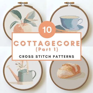 Peut inclure: Présentation de dix motifs de point de croix Cottagecore dans des cerceaux à broder en bois. Les motifs incluent une tasse à thé, une pomme, un arrosoir et du pain. Le texte de l'image indique "Cottagecore (Partie 1) Motifs de point de croix".