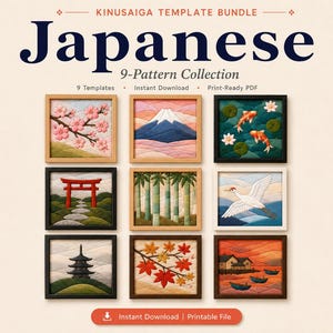 Op de afbeelding: Een verzameling van negen ingelijste Japanse sjablonen. De sjablonen tonen verschillende Japanse motieven, waaronder kersenbloesems, de Fuji, koi-vissen, een torii-poort, bamboe, een kraanvogel, een pagode, esdoornbladeren en een zonsondergang. De titel "Japanese" is prominent.