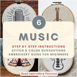 Könnte beinhalten: Sechs Stickrahmen mit Musikmotiven, darunter ein Mikrofon, eine Gitarre, Kopfhörer, ein Tipi, eine Gitarre und ein Vintage-Radio. Der Text "MUSIC" und "Hand Embroidery Patterns" sind ebenfalls zu sehen.