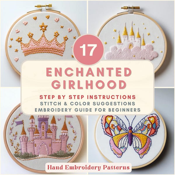 Paquete de patrones de bordado para niña hada, unicornio mágico, aro de arte DIY, PDF digital para principiantes, decoración de pared para habitación de niña, guardería mágica
