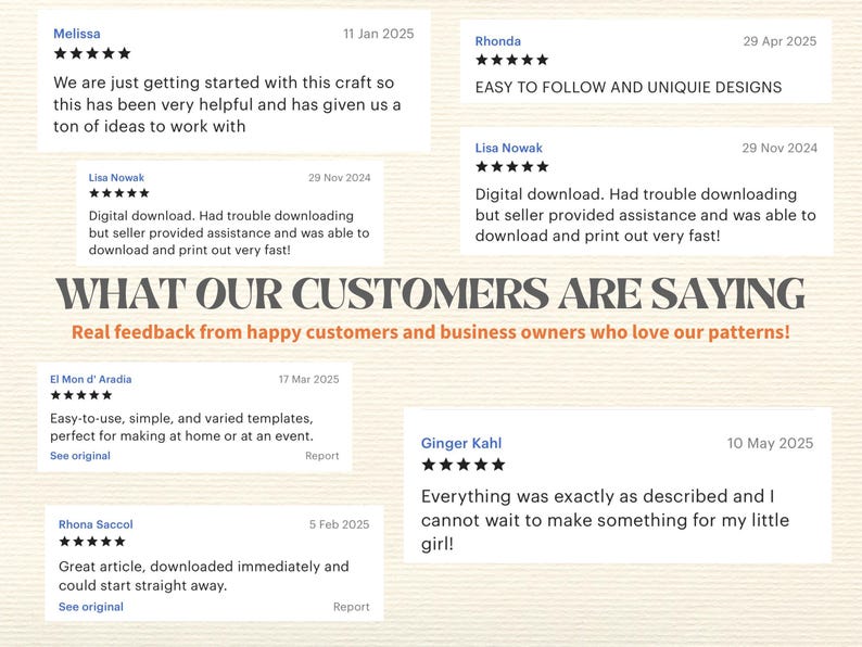 May include: A graphic featuring customer testimonials with star ratings and dates. The text reads "WHAT OUR CUSTOMERS ARE SAYING" and includes positive feedback about digital downloads and easy-to-use templates.