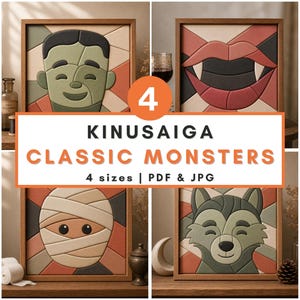 May include: A set of four Kinusaiga classic monster patterns featuring a green creature, red lips with fangs, a mummy, and a wolf. The digital files include 4 sizes in PDF and JPG formats, with accompanying line art templates for each design.