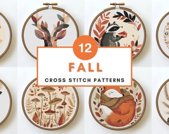 Fall Cross Stitch Pattern Bundle Autumn Animals Pumpkin Books Coffee Forest Beginner Friendly Chart PDF Instant Download Color Symbol Chart