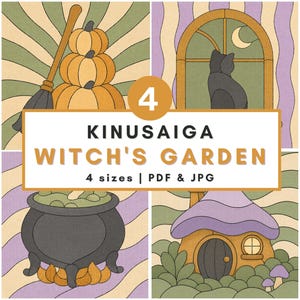 May include: A digital collection of four Kinusaiga Witch's Garden illustrations featuring a stack of pumpkins with a broom, a cat in a window, a bubbling cauldron, and a small house. The text reads 4 KINUSAIGA WITCH'S GARDEN 4 sizes | PDF & JPG.