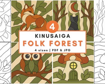Fall Kinusaiga pattern bundle folk forest fall fabric art diy autumn home decor no sew printable template craft gift Japanese Art