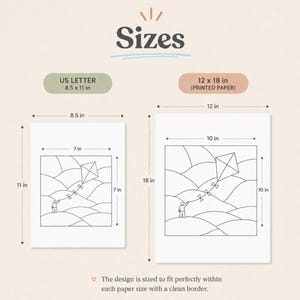 May include: Two white paper prints with black line art of a kite flying over rolling hills. The prints are labeled "US LETTER" at 8.5 x 11 inches and "12 x 18 in (PRINTED PAPER)". The image includes the word "Sizes".